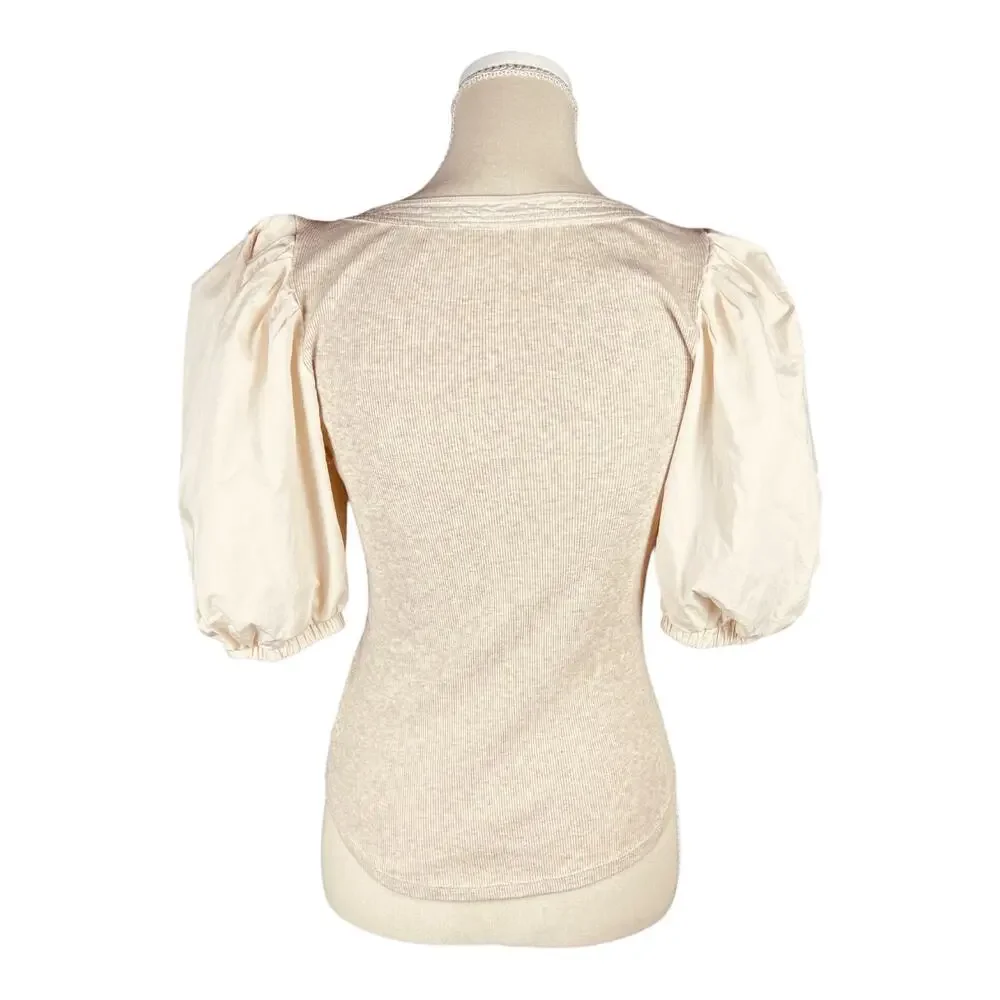 Ulla Johnson Janette Oatmeal Beige Cotton Ribbed Puff Short Sleeve Henley Top P